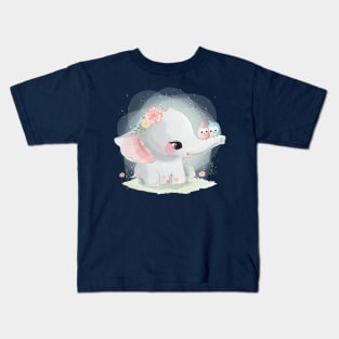 elephant with bids on trunk Kids T-Shirt